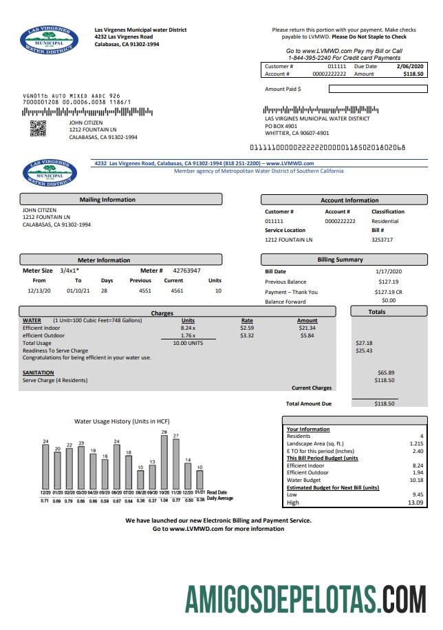 realista Modelo de conta de serviços públicos do distrito municipal de água de Las Virgenes, Califórnia, EUA, em formato Word e PDF